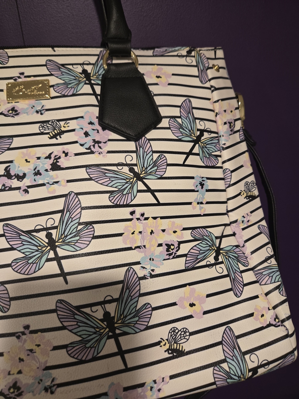 Betsey Johnson Butterfly Floral Stripe Tote with Black Trim - Picture 2 of 9